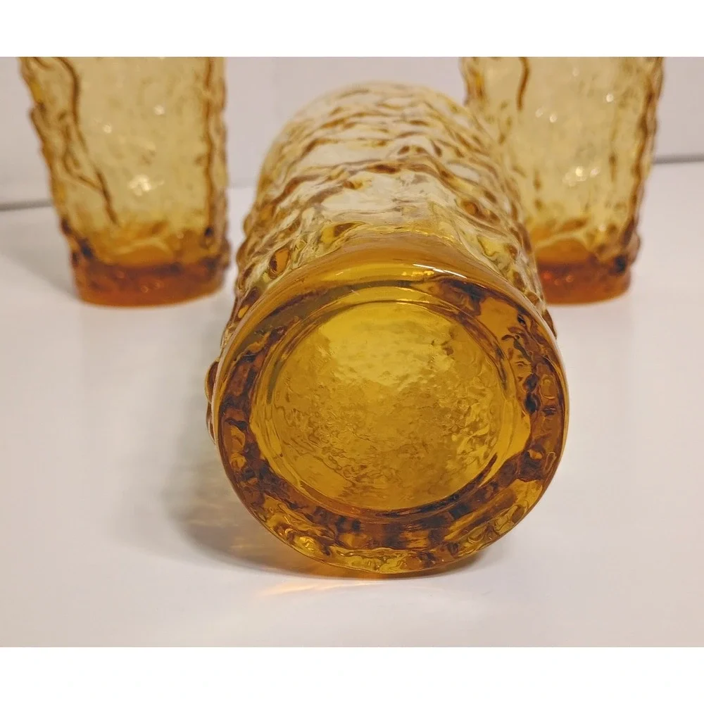 Vintage Anchor Hocking Amber Honey Gold Lido Milano Glasses Crinkle Lot of 3